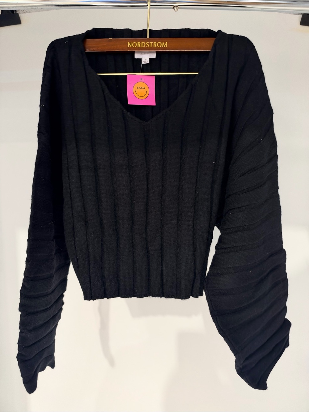Le Lis Black Ribbed V-Neck Balloon Sleeve Sweater